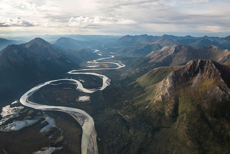 Landscape, Nature, Mountains, Mountain, , River, Aerial, Alaska, Scenic, Wilderness, HD wallpaper