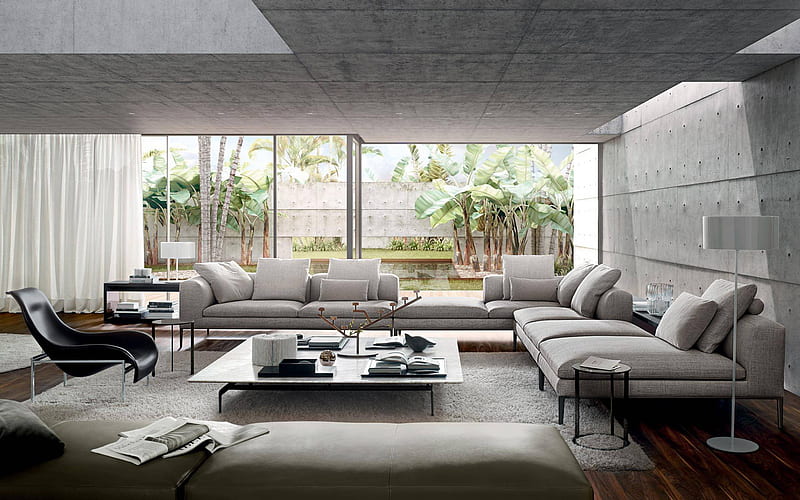 stylish apartments, living room, loft style, gray sofas, modern design living room, modern interior, HD wallpaper
