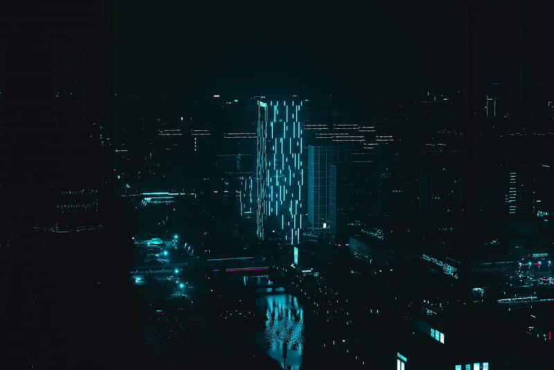 night city, building, illumination, dark, neon, blue, HD wallpaper
