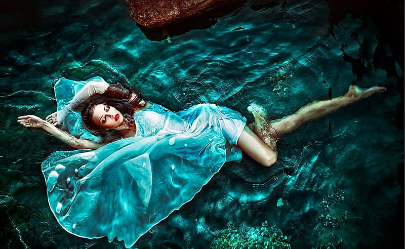 Blue, water, vara, dress, model, girl, svetlana belyaeva, summer, woman, HD wallpaper