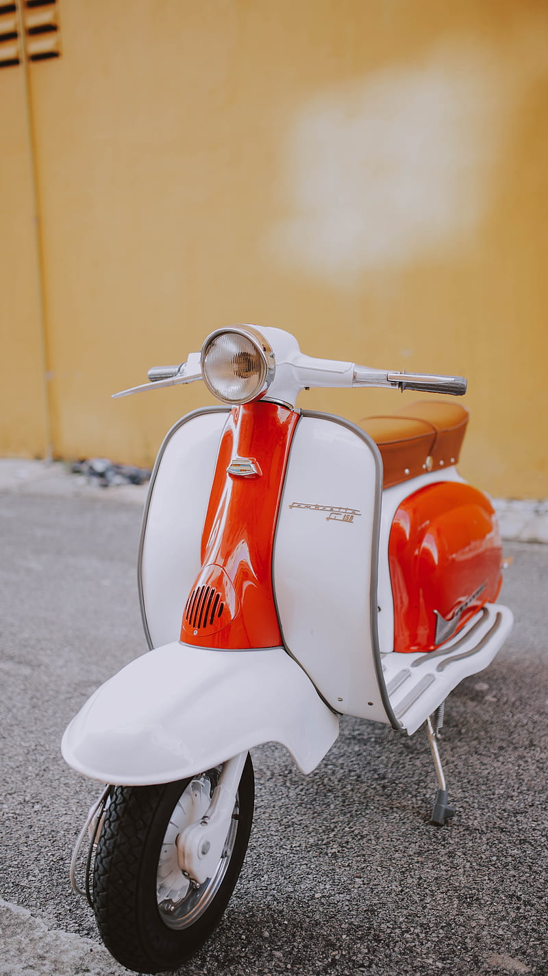 white and orange motor scooter on gray flooring, HD phone wallpaper