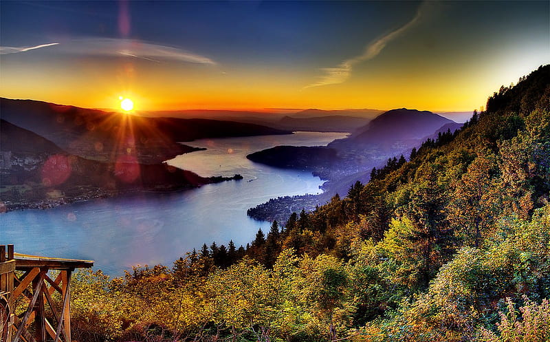 Le Lac Annecy, France, orange, vegetation, colours, sunset, sky, lake, blue, HD wallpaper