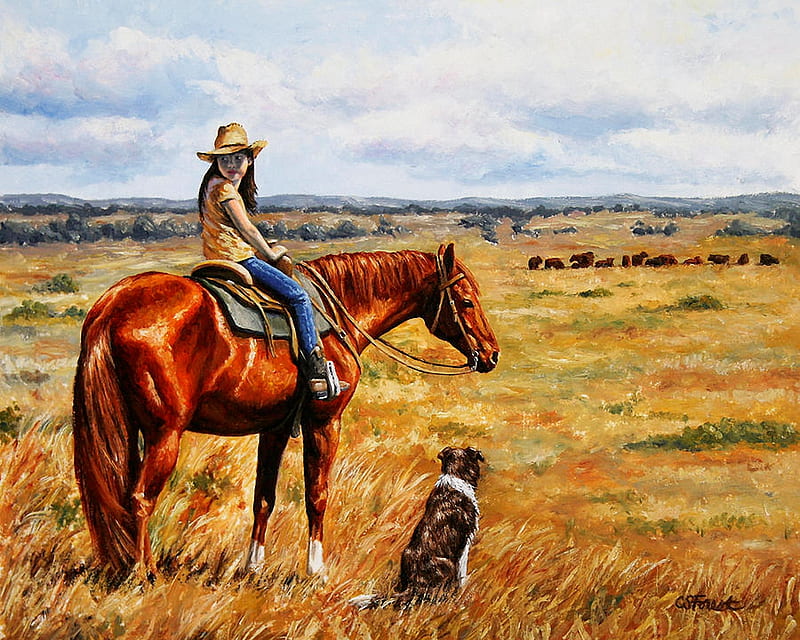 Waiting for Dad, prairie, horse, girl, dog, painting, HD wallpaper