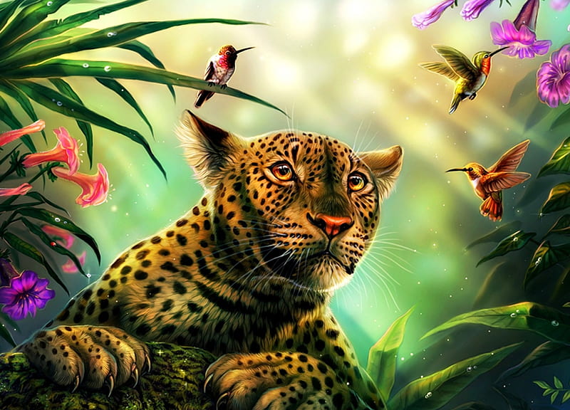 Venetum ritus, leopard, art, luminos, orange, tiger, animal, maquenda, humming-bird, fantasy, green, bird, flower, colibri, pink, HD wallpaper