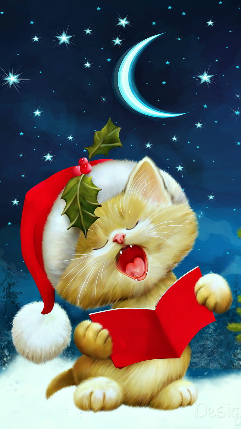 Christmas cat, cat, christmas, moon, HD phone wallpaper