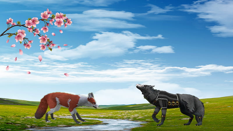 Fox, animal, blossoms, edit, flowers, picsart, wildcraft, HD wallpaper