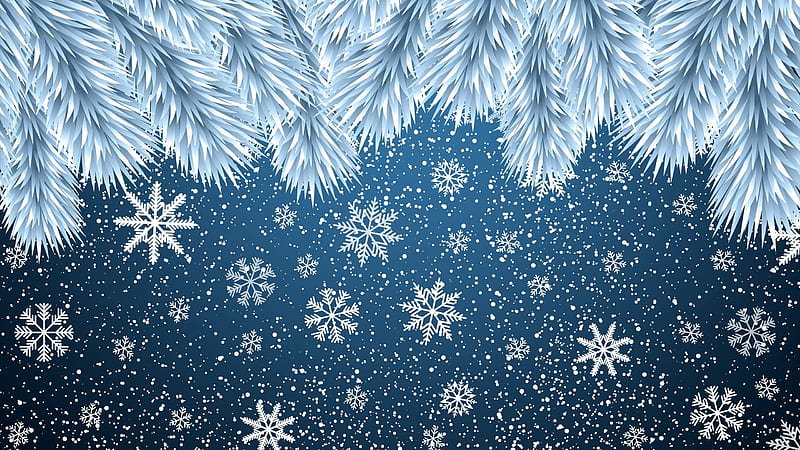 Snowflakes, card, blue, christmas, craciun, fir, white, HD wallpaper