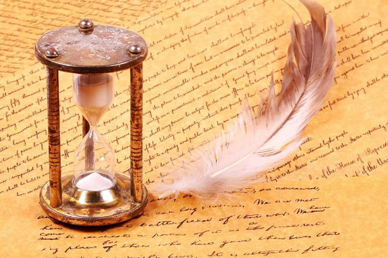 Style, time glass, feather, writings, page, HD wallpaper