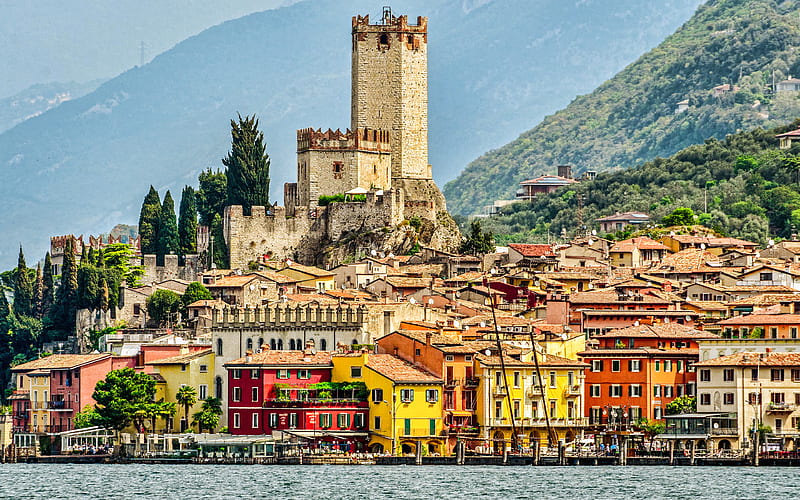Lake Garda Castelllo Scaligero, italian cities, Malcesine, Italy, Europe, italian landmarks, HD wallpaper