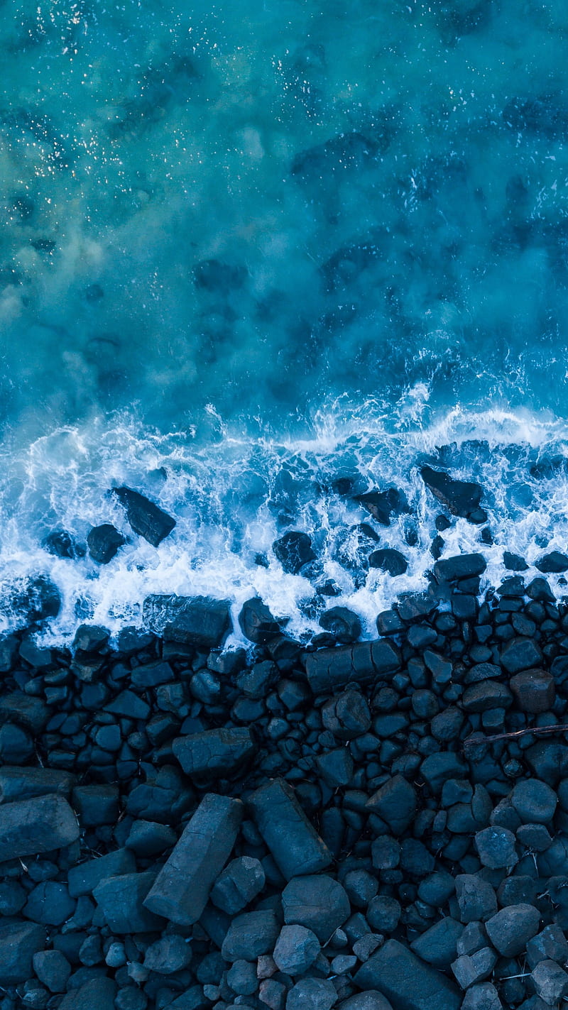 Surf, ocean, wave, water, rock, sea, blue, beach, apple, galaxy, HD phone wallpaper