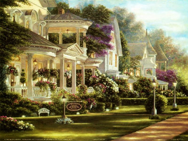 Minn's House, painting, path, garden, manor, HD wallpaper
