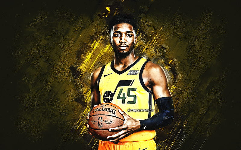 Donovan Mitchell, Utah Jazz, NBA, American basketball player, yellow stone background, USA, basketball, HD wallpaper
