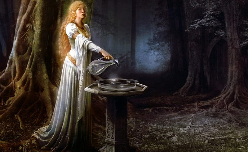 Galadriel, lord of the rings, dress, game, queen, fantasy, night, art, forest, elf, blonde, tree, water, lotr, dark, white, princess, HD wallpaper