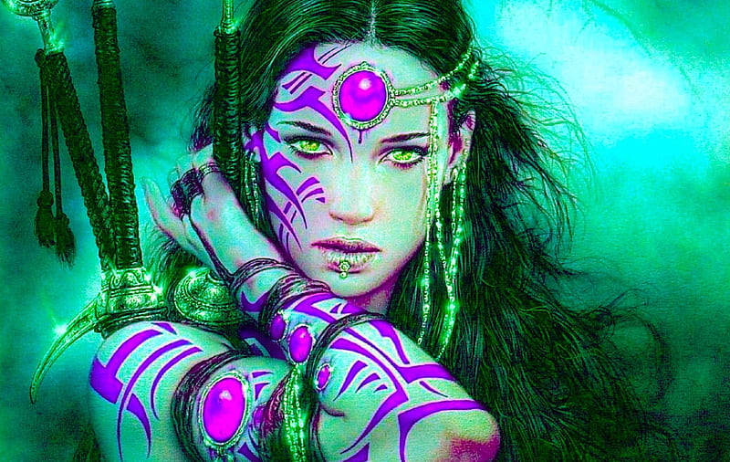 Warrior Woman, art, bonito, woman, fantasy, warrior, girl, green, purple, digital, HD wallpaper