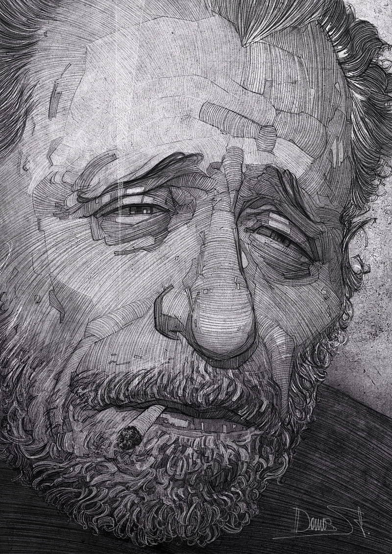 men, writers, face, Charles Bukowski, drawing, monochrome, beard, portrait display, cigarettes, portrait, sad, Stavros Damos, HD phone wallpaper