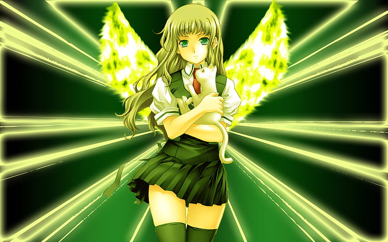Schoolgirl, wings, green, angel, skirt, sexy, school uniform, HD wallpaper
