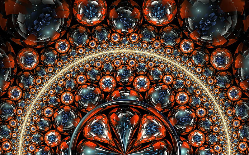 fractals, floral ornaments, rings, 3D spheres, floral patterns, neon art, abstract floral backgrounds, creative, artwork, fractal art, orange backgrounds, HD wallpaper