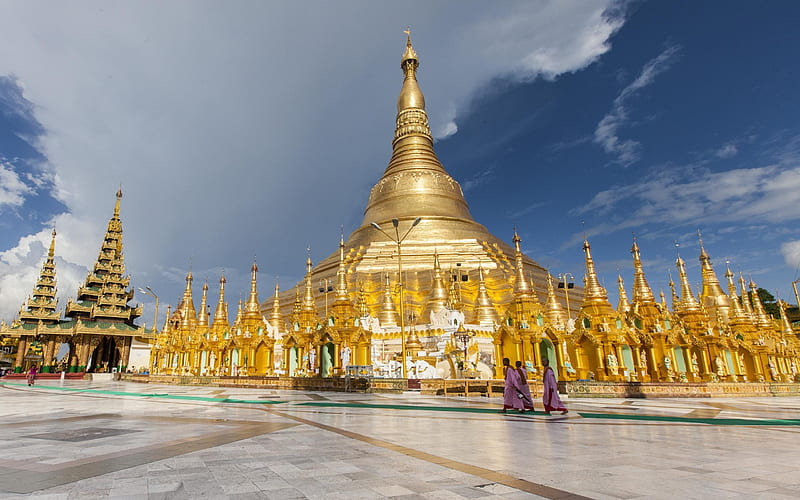Yangon, Myanmar, Shwedagon Pagoda, monks, HD wallpaper