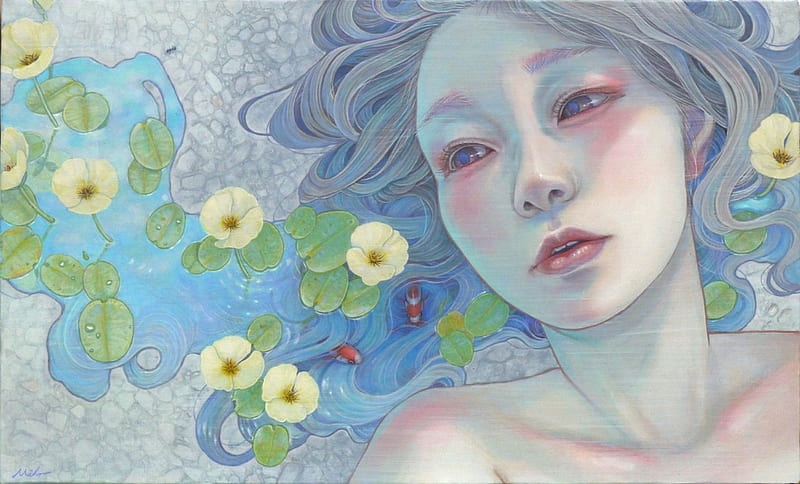 Beauty in the bloom, flower, miho hirano, art, painting, pictura, face, girl, chalk, HD wallpaper