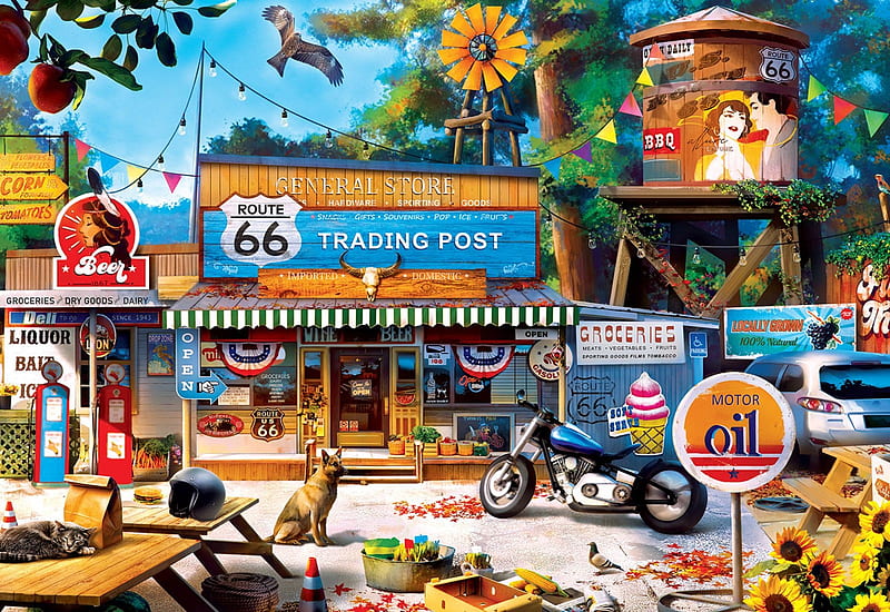 Trading Post on Route 66, car, village, artwork, dog, shop, painting, motorcycle, HD wallpaper