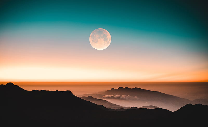 adam's peak, sunset, sky, scenic, mountain, hills, moon, Landscape, HD wallpaper