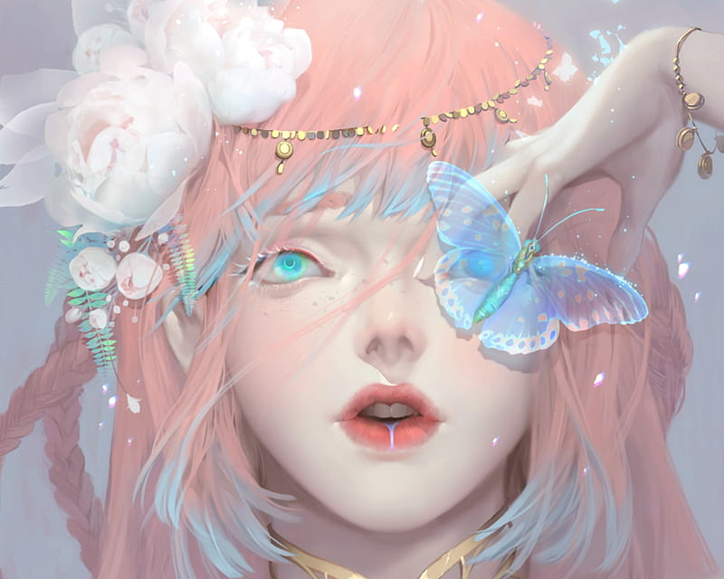 Nadeshiko, art, luminos, dark134, fantasy, butterfly, girl, flower, face, white, pink, blue, HD wallpaper