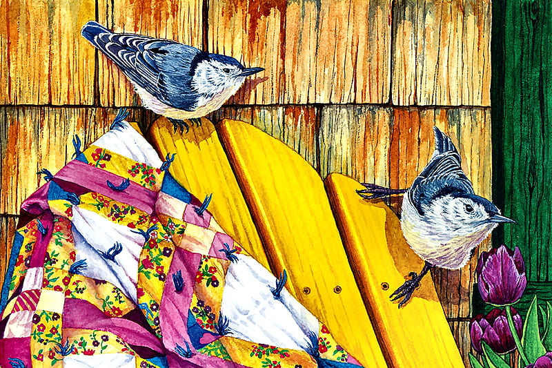 Spring Fling - Birds F, art, songbirds, quilt, bonito, nuthatches, illustration, artwork, animal, bird, avian, painting, wide screen, wildlife, nature, HD wallpaper