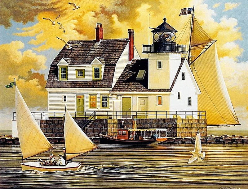 Charles Wysocki - Rockland Breakwater Light, art, tree, charles wysocki, painting, sailboat, flag, HD wallpaper