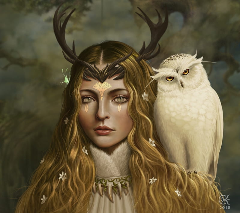 Druidess, pasari, chalky nan, white, druid, art, owl, luminos, horns, fantasy, bird, girl, HD wallpaper