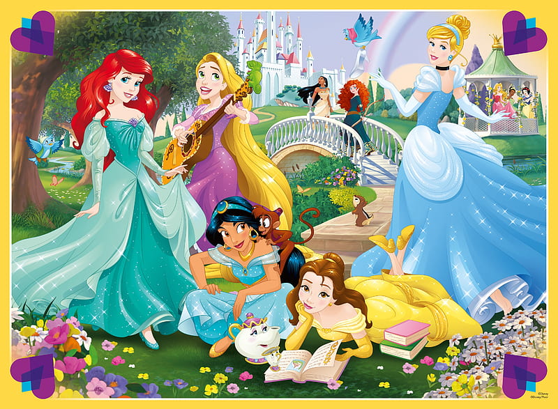 Disney princesses, dress, girl, ariel, aurora, belle, cinderella, princess, disney, fantasy, HD wallpaper