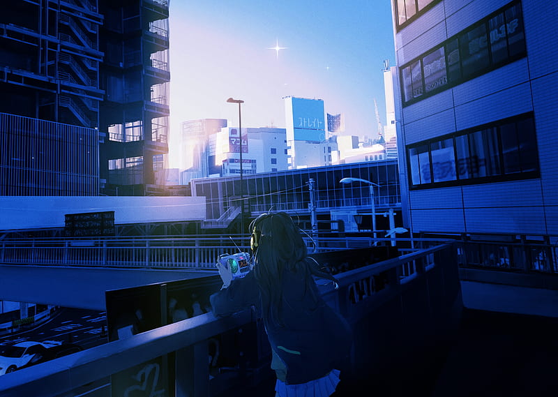 anime girl, buildings, headphones, remote controller, sunlight, scenery, Anime, HD wallpaper