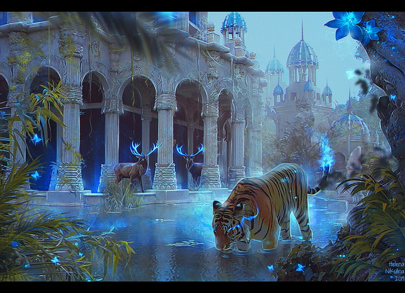 The lost world, helena nikulina, fantasy, water, luminos, tiger, tigru, deer, blue, frumusete, HD wallpaper