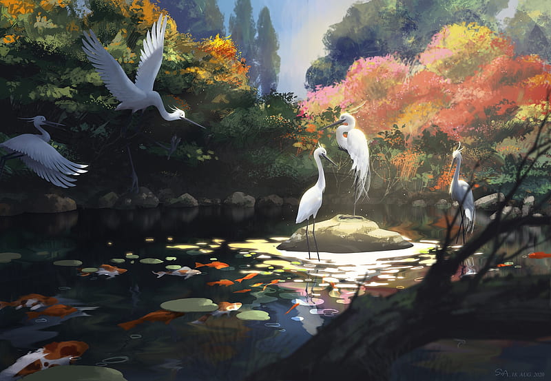 Egrets, sia xia, art, autumn, siaxia, orange, luminos, crane, fantasy, water, cranes, bird, egret, pasari, HD wallpaper