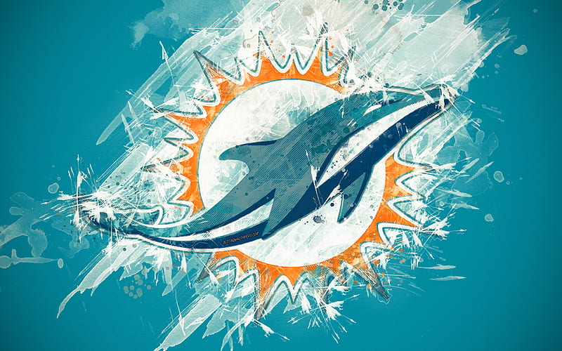 Miami Dolphins logo, grunge art, American football team, emblem, blue background, paint art, NFL, Miami, Florida, USA, National Football League, creative art, HD wallpaper