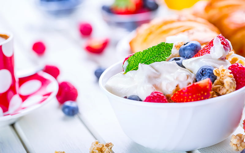 breakfast berries, muesli, fruits, healthy breakfast, yogurt, HD wallpaper