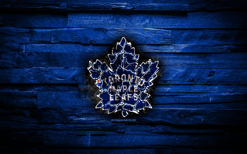 Toronto Maple Leafs, fiery logo, NHL, blue wooden background, american hockey team, grunge, Eastern Conference, hockey, Toronto Maple Leafs logo, fire texture, USA, HD wallpaper