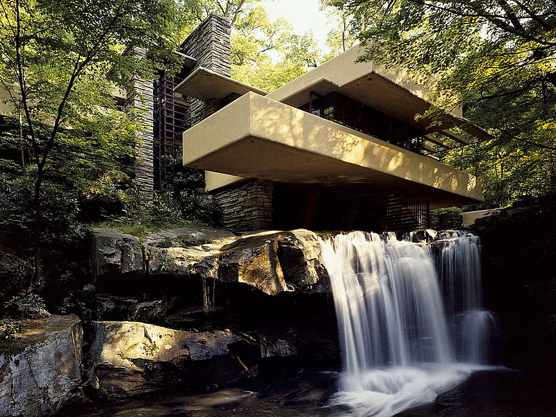 Frank Lloyd Wright House with Waterfall, Forest, Waterfall, Rocks, House, HD wallpaper