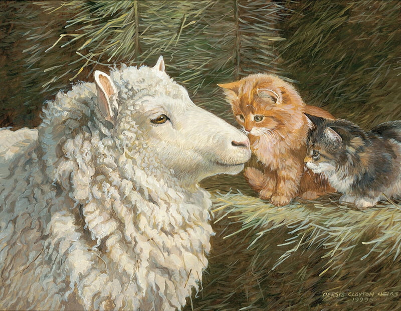Greetings, painting, pisici, cat, kitten, animal, persis clayton weirs, farm, sheep, cute, pictura, HD wallpaper