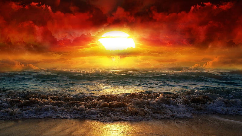 big sun, beach, cool, ocean, nature, sunset, fun, HD wallpaper