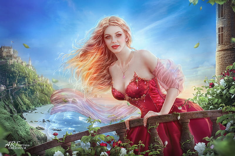 Aurora, art, red, fantasy, girl, tatyana chernova, blonde, luminis, HD wallpaper