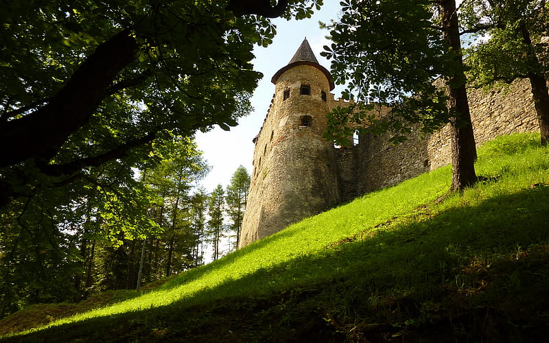 Fairyland, hills, green, tower, trees, castle, HD wallpaper
