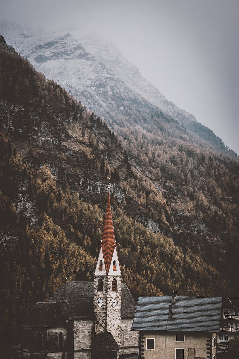 building, spire, mountains, architecture, chapel, HD phone wallpaper