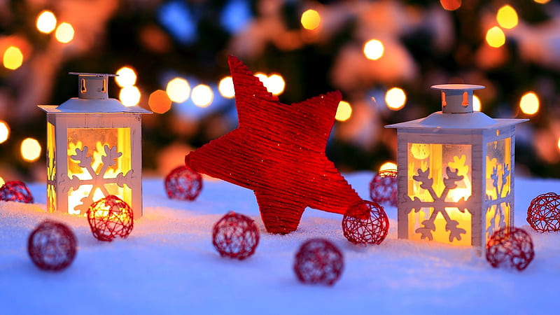 Christmas Lanterns, Christmas, Red, Snow, Lanterns, HD wallpaper