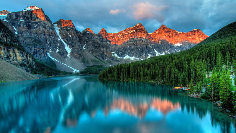 Landscape, water, green, orange, peisaj, lake, blue, HD wallpaper