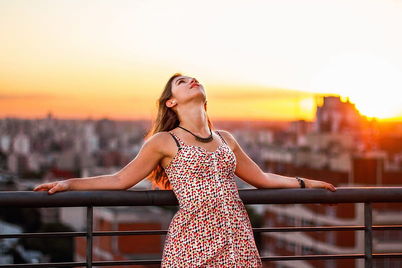 girl, model, balcony, sun, city, sundress, HD wallpaper