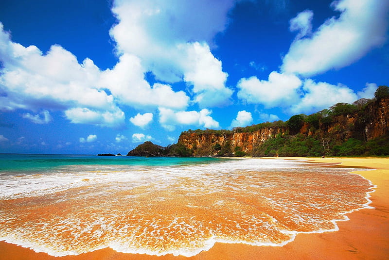 Beautiful Beach in Brazil, beach, sand, water, ocean, surf, clouds, tropical, sky, HD wallpaper