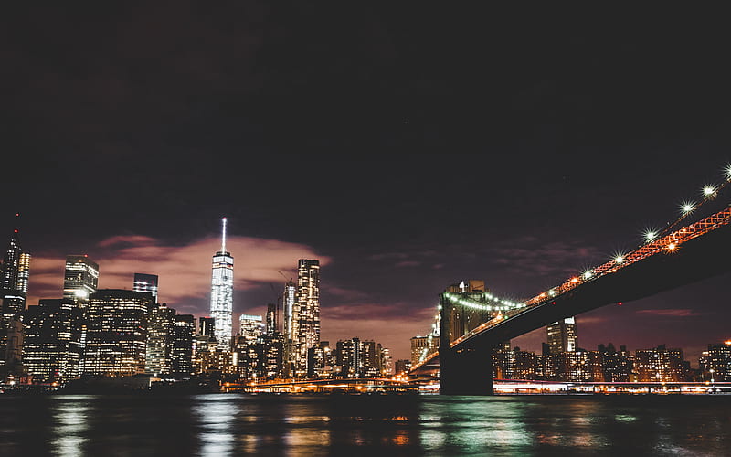 Brooklyn Bridge nighscapes, USA, NYC, America, New York, HD wallpaper