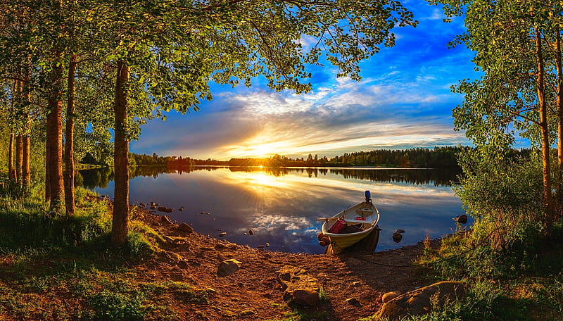 Serene summer night, boat, serenity, sunset, evening, reflection, night, lake, forest, calmness, tranquility, HD wallpaper
