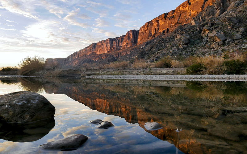 Big Bend National Park at sunrise, Texas, rocks, water, usa, river, clouds, reflections, sky, HD wallpaper