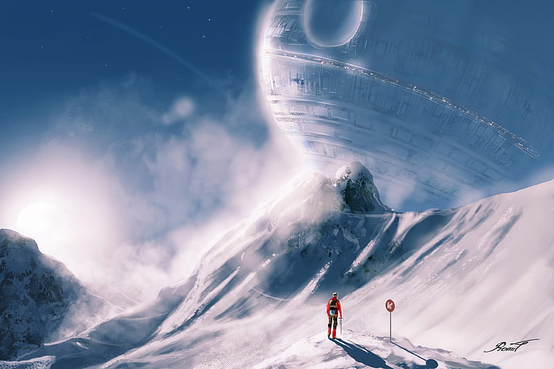 man, spaceship, slope, snow, art, HD wallpaper